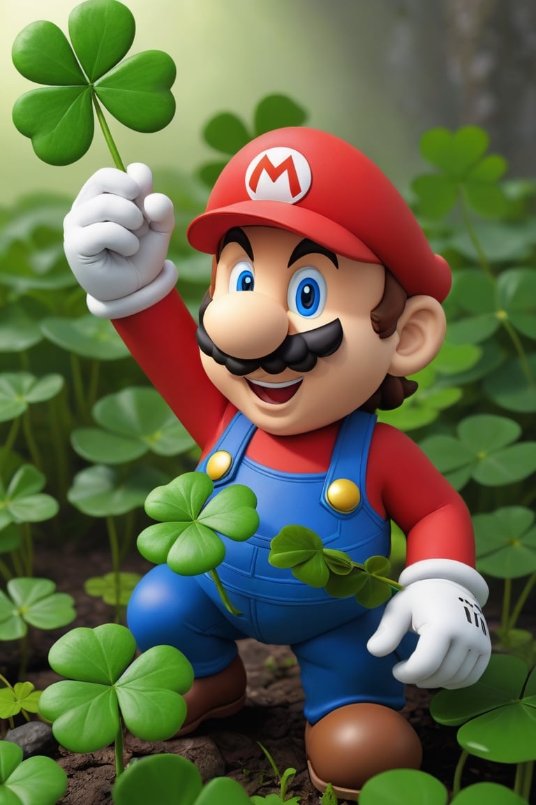 A super mario is picking up a (shamrock), 
photorealistic:1.3, best quality, masterpiece,MikieHara