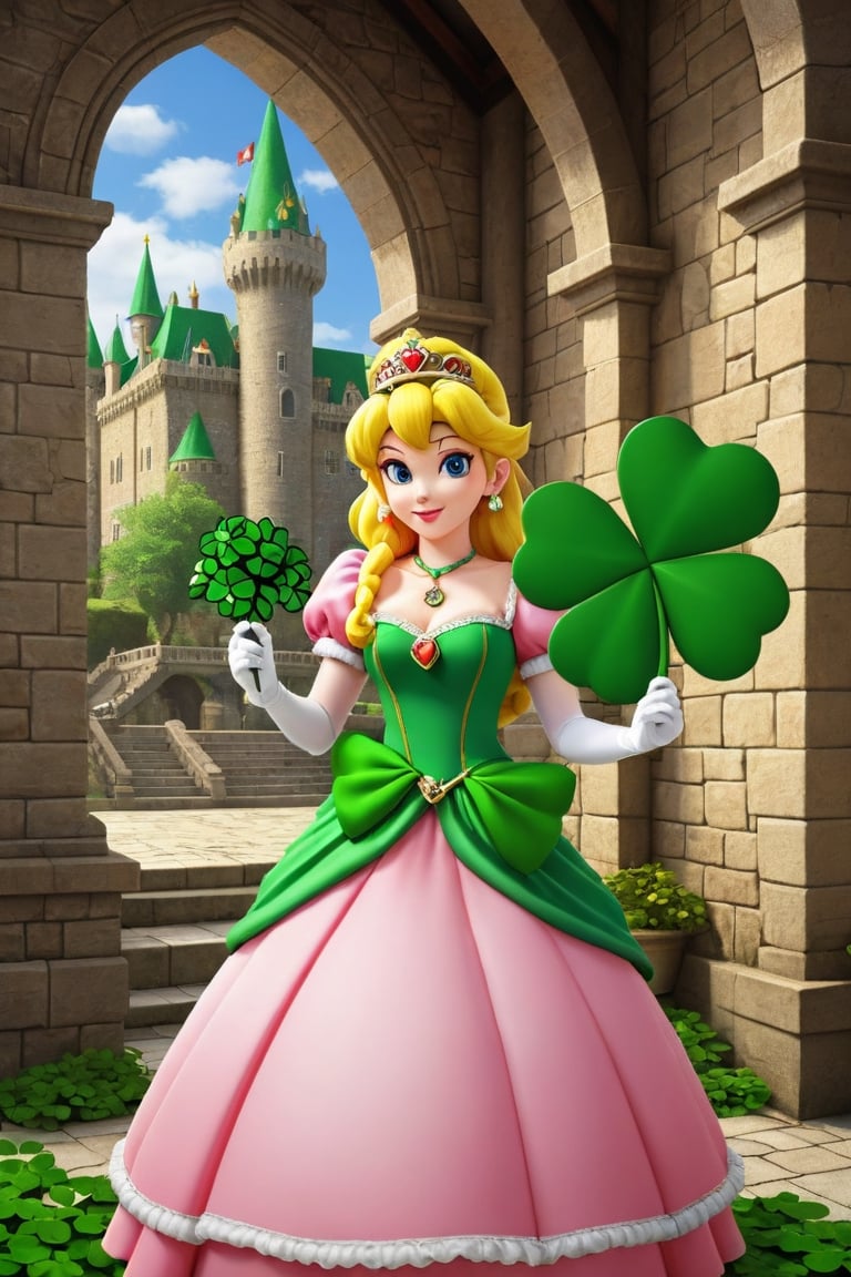 A beautiful Princess peach holds (a big shamrock), happy, super mario theme, background in castle 
photorealistic:1.3, best quality, masterpiece,MikieHara