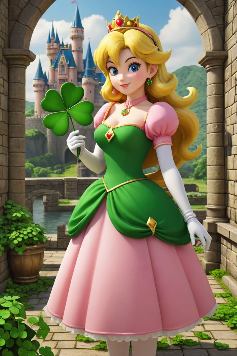 A beautiful Princess peach holds (a big shamrock), happy, super mario theme, background in castle 
photorealistic:1.3, best quality, masterpiece,MikieHara