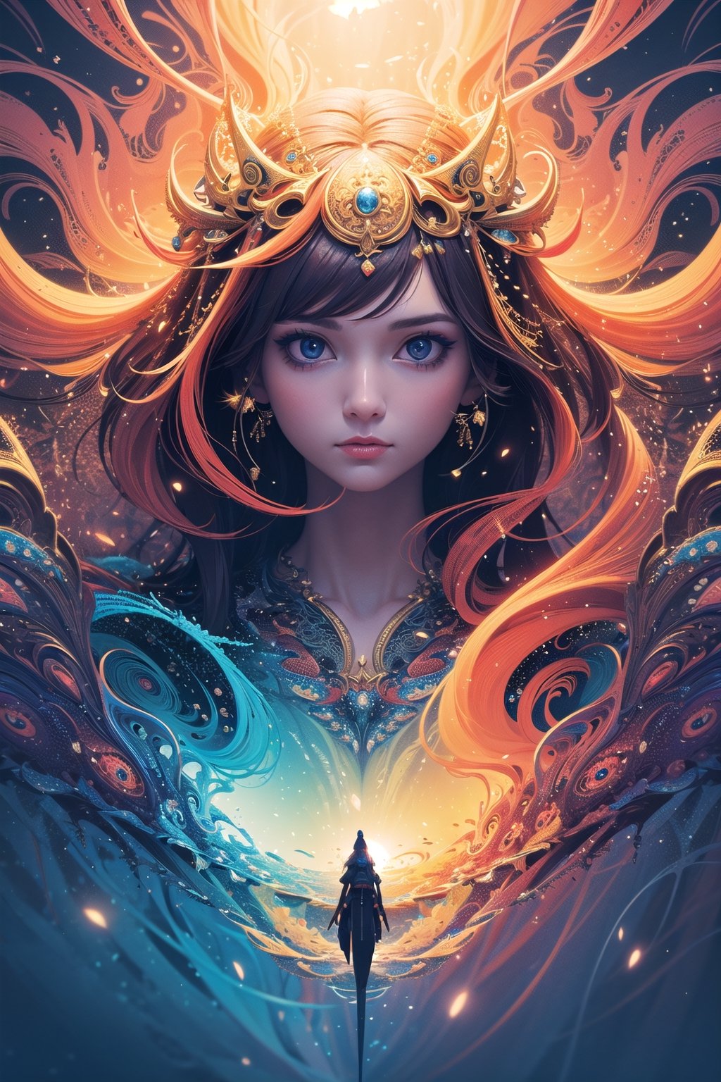 (masterpiece, top quality, best quality, official art, beautiful and aesthetic:1.2), (1girl), extreme detailed,(abstract, fractal art:1.3),colorful hair,highest detailed, detailed_eyes, light_particles, ,fantasy_world