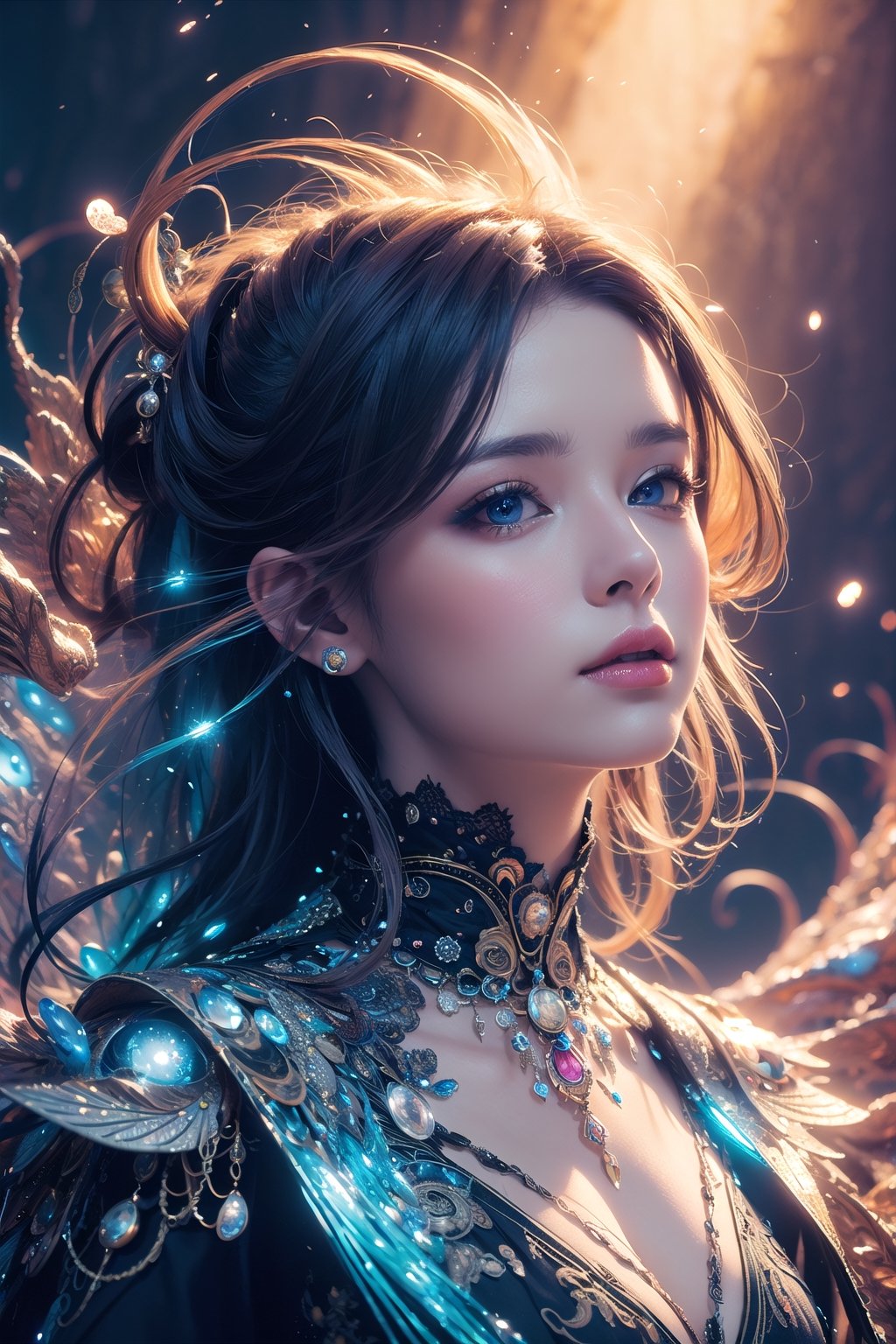 (masterpiece, top quality, best quality, official art, beautiful and aesthetic:1.2), (1girl), extreme detailed,(abstract, fractal art:1.3),colorful hair,highest detailed, detailed_eyes, light_particles, ,fantasy_world