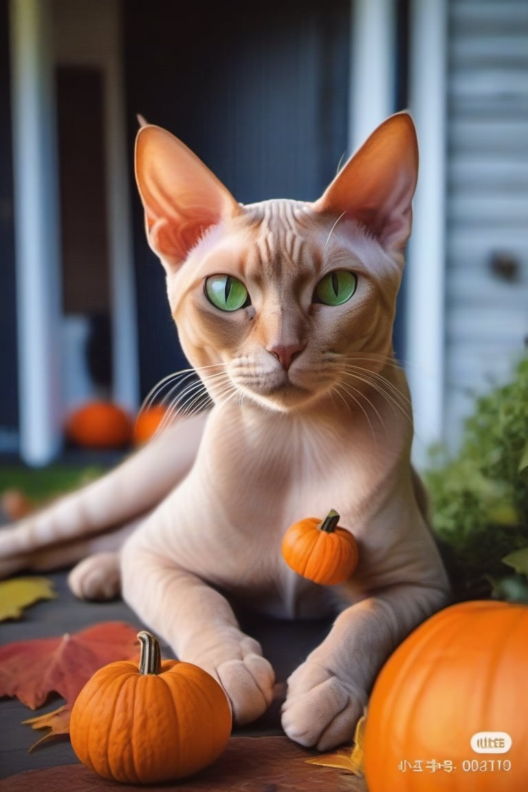 no humans, animal focus, cat, haunted house background, animal, outdoors, looking at viewer, sphynx cat, green-eyes, next to jack-o'-lantern,