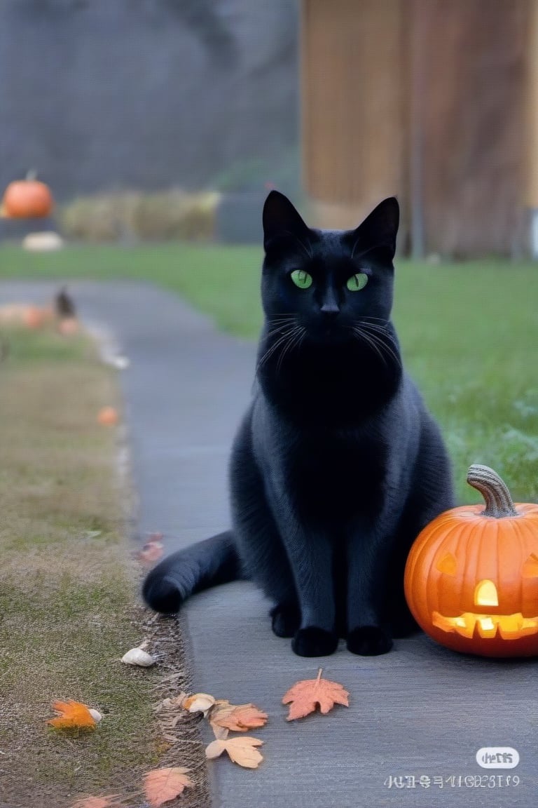 no humans, animal focus, cat, haunted house background, animal, outdoors, looking at viewer, black cat, green-eyes, next to jack-o'-lantern,