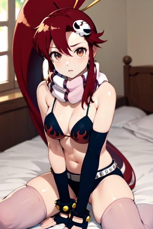 masterpiece, best quality, highres, yl1, ponytail, scarf, bikini only, midriff, fingerless gloves, skull hair ornament, elbow gloves, pink thighhighs, on bed, sitting_down,Yoko Littner, 