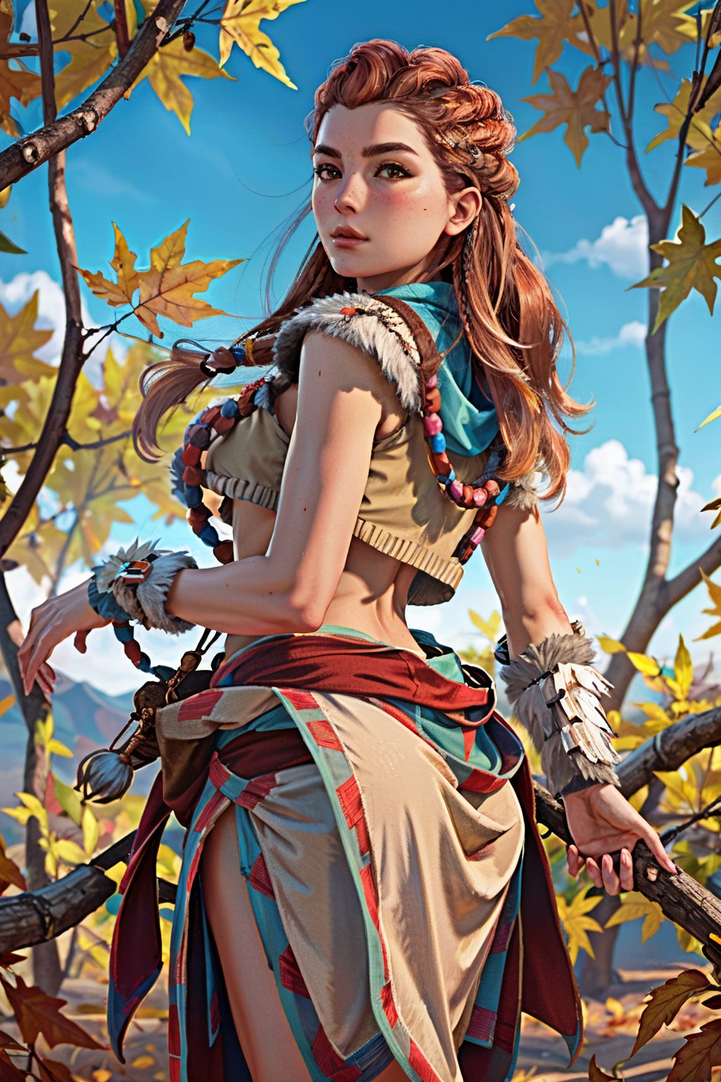 (masterpiece, best quality)1girl, AloyHorizon, solo, long hair, brown hair, brown eyes, jewelry, closed weapon, braid, cowboy shot, outdoors, sky, red hair, day, necklace, tree, blue sky, lips, looking to the side, fur trim, leaf, feathers, realistic, branch, autumn leaves, tribal, multiple braids, sexy poses, curvy_figure, big tits, fat ass, naked , no_clothes