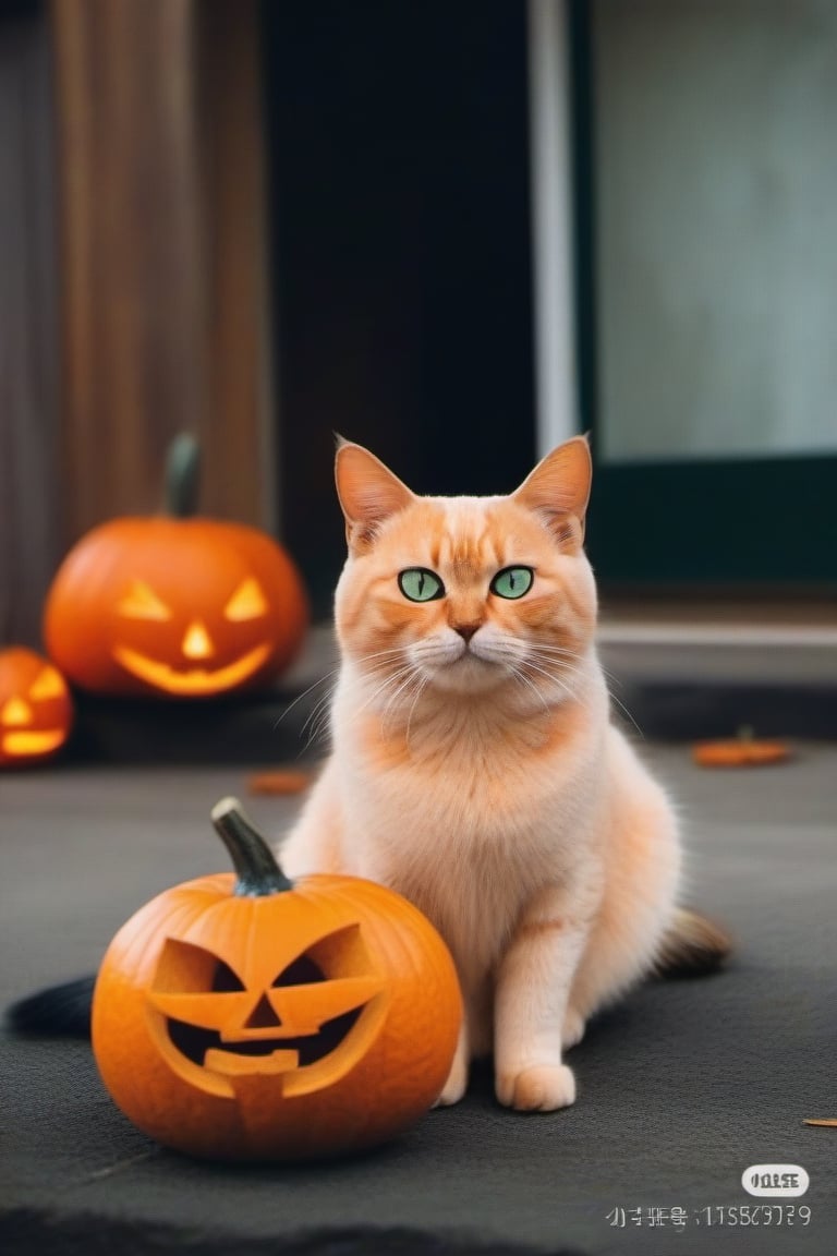 no humans, animal focus, cat, haunted house background, animal, outdoors, looking at viewer, naked cat, no fur, green-eyes, next to jack-o'-lantern,
