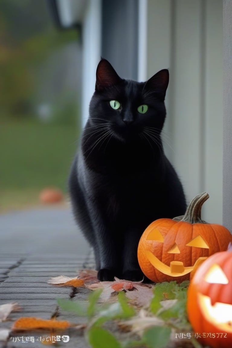 no humans, animal focus, cat, haunted house background, animal, outdoors, looking at viewer, black cat, green-eyes, next to jack-o'-lantern,