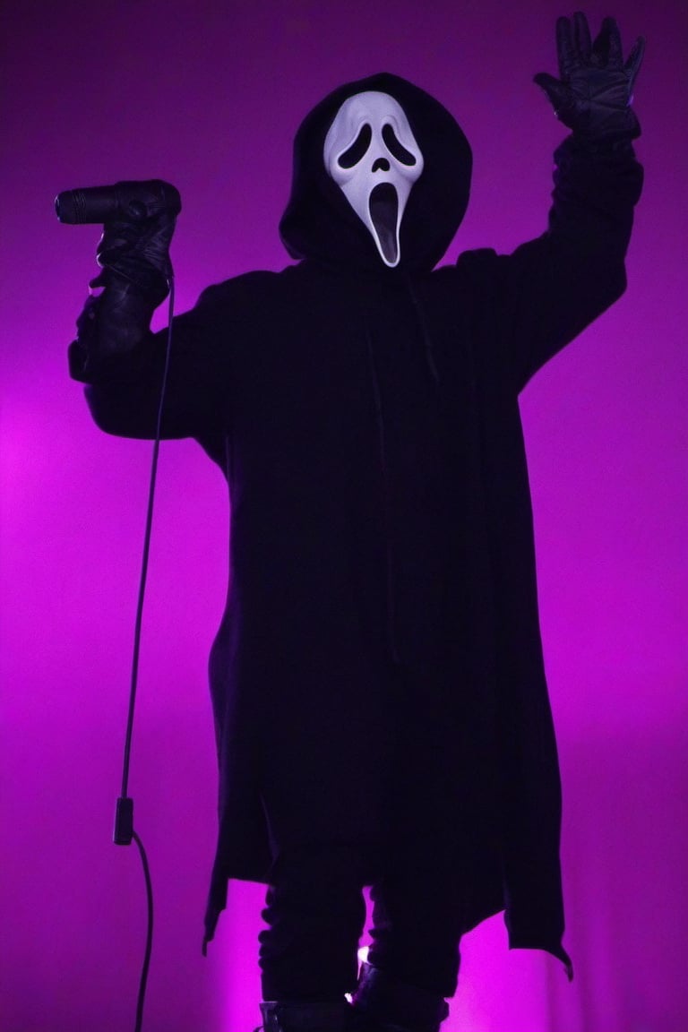 Ghostface, solo, open mouth, neon background, gloves, 1boy, male, black gloves, hood, mask, hood up, black border, black boots, on stage, audience, singing, mic in hand, full_body, 