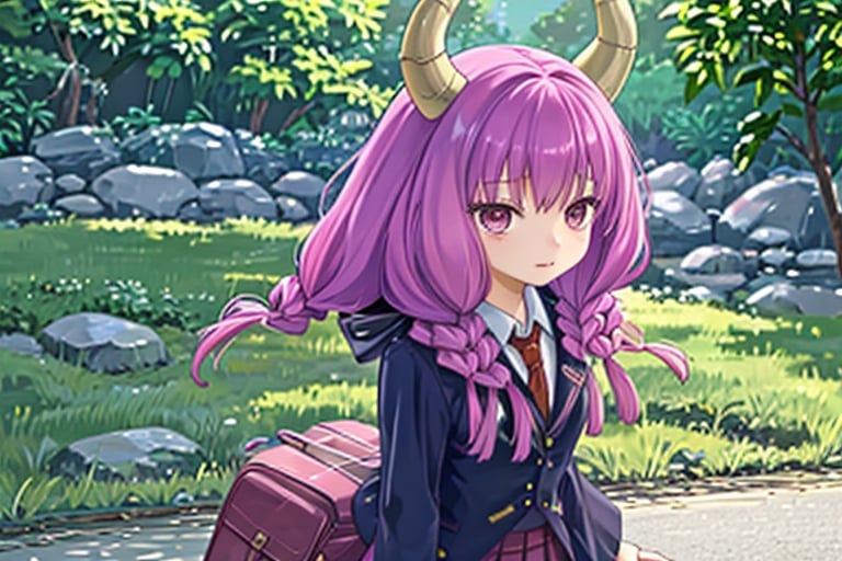 aaaura, braid, twin braids, horns, 

Highly detailed, photorealistic portrait of a young, petite Japanese high school girl with long, beautiful hair in twin braids, wearing a school uniform with a pleated skirt, blazer, tie, and loafers, carrying a backpack. She has a gentle, kind expression and looks like a cute, pretty idol. The image is ultra-detailed, masterfully crafted, and of the highest picture quality.