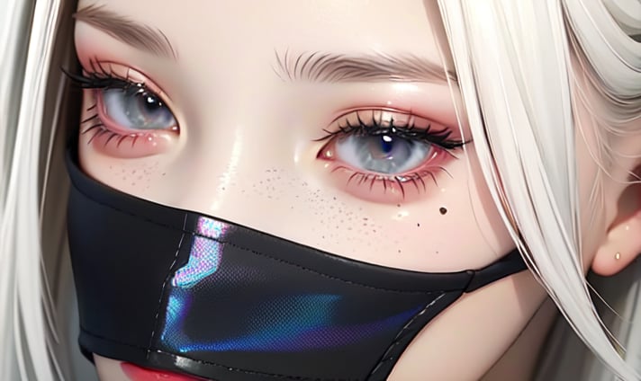 A free-spirited girl with big black eyes, freckles, and long, wavy, pastel white hair, big_boobs,  (detailed background), (beautiful detailed face, beautiful detailed eyes), High contrast, (best illumination, an extremely delicate and beautiful),HDR of 1.4, 
Outfit: She dresses in a flowy and artistic ensemble, donning a tie-dye maxi dress with layered bohemian accessories.,Cinematic pink and blue filter
Accessories: Her accessories include dreamcatcher-inspired earrings and a canvas bag for her art supplies. tight suit, Darf Punk wlop glossy skin, ultrarealistic sweet girl,  holographic, holographic texture, the style of wlop, space, stands on a pedestal ,ph_katou,weiboZH,yorha no. 2 type b