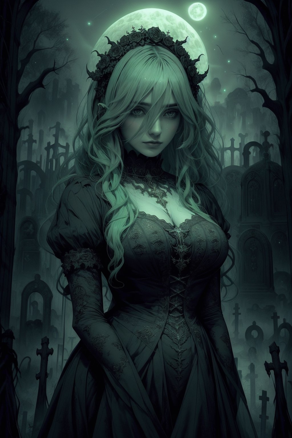 (masterpiece, best quality, highres:1.3), ultra resolution image, (1girl), female, (solo), green hair, eyes glinting, eerie charm, gothic, (spectral chic:1.4), cryptic, labyrinthine cemetery, gothic arches, elegance, (necropolis:1.5),glitter, ohterworldly energy, green wisps, undead maiden, moonlit paradise,  (mystic tranquility:1.3), realm of the decease, chaosmix