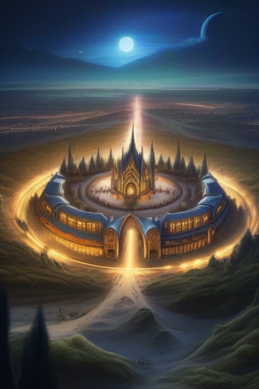 Mystical medieval city at night, desert city at night, great forest circled the city, city of witches, city of magic