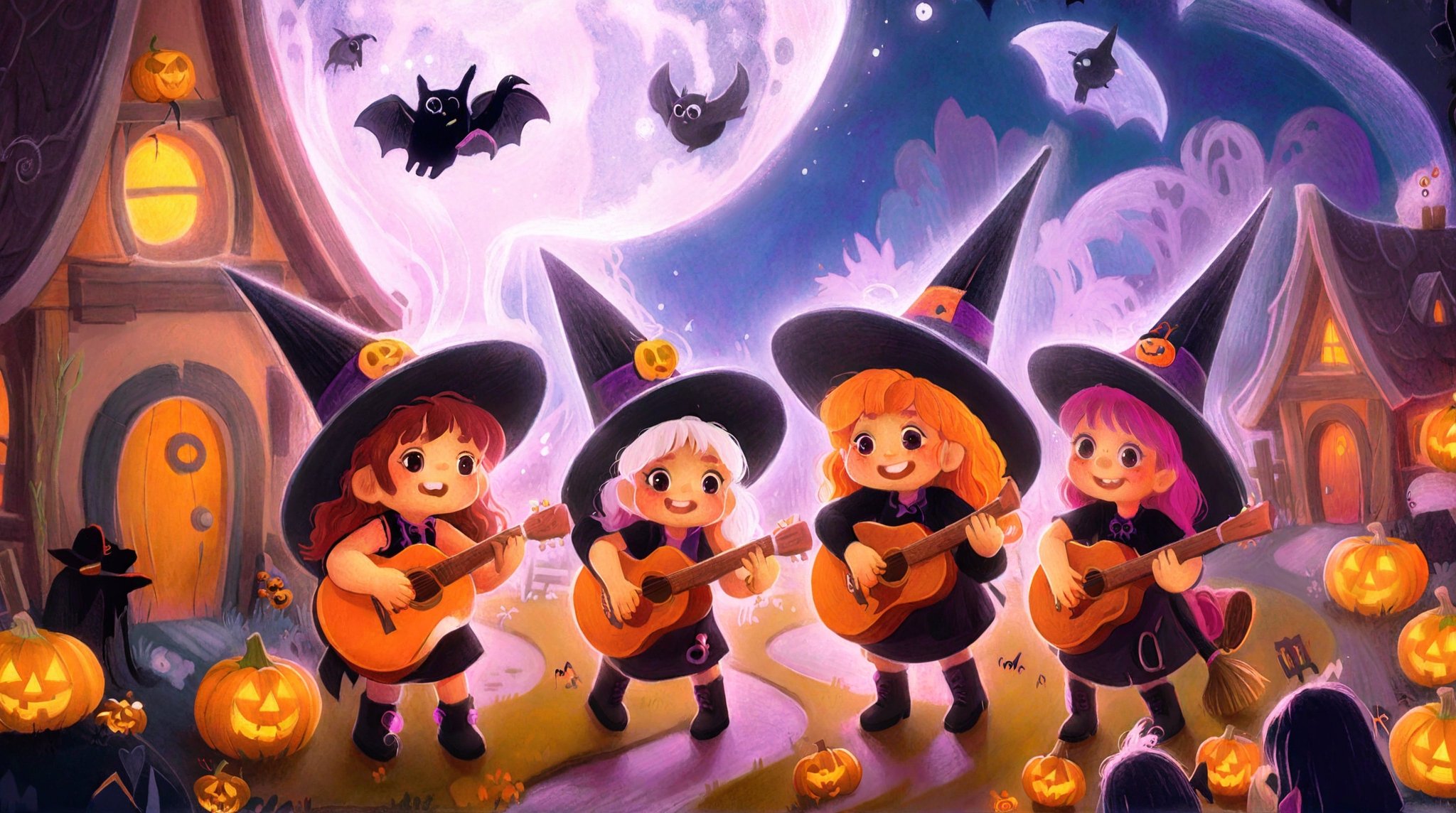 a rural fantasy village on halloween night, a group of cute witches singing with a guitar, happy mood, cartoon,