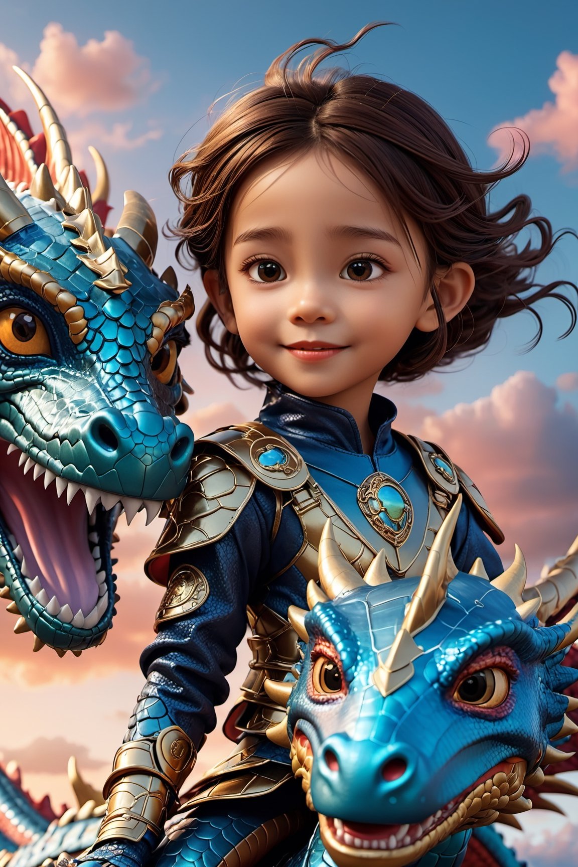 1 cute cyborg girl, 5yo, riding on a dragon flying in the sky, highly detailed, beautiful detailed face, smile, beautiful detailed eyes, realistic hair, realistic skin texture, side view, beautiful sunset, colored clouds, 8k resolution, masterpiece, cyborg style,3d style