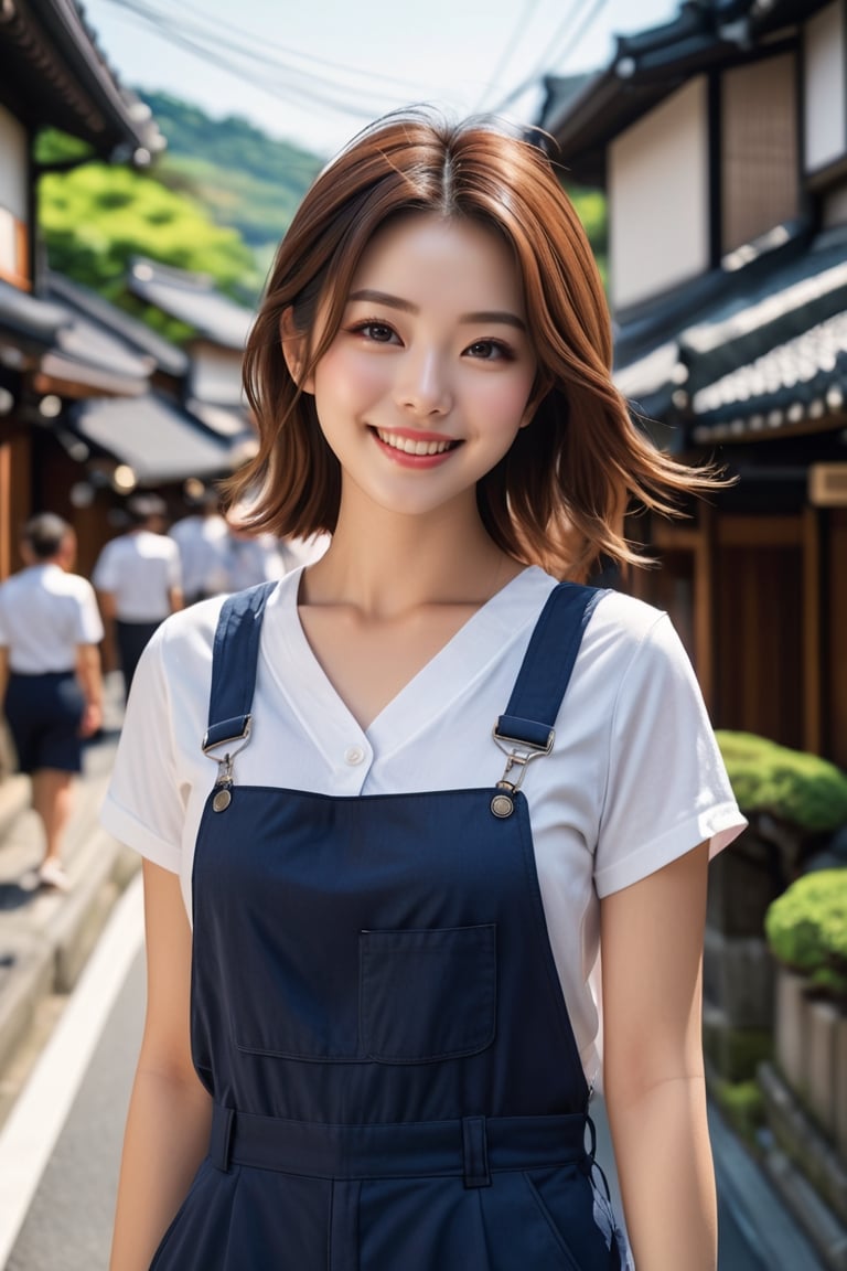 (masterpiece, best quality, photorealistic, ultra-detailed, finely detailed, high resolution, 8K wallpaper, sharp-focus), I would greatly appreciate it if you could create ((a close-up portrait))  of ((1 beautiful girl)), smiling, wearing a navy overall, white t-shirt, standing on a street in Kyoto, in summer, perfect dynamic composition, detailed eyes, photo r3al,detailmaster2,aesthetic portrait,