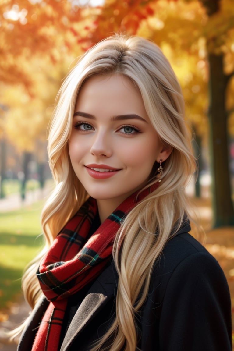 (masterpiece, best quality, photorealistic, ultra-detailed, finely detailed, ultra-high resolution), ((a beautiful full body portrait)), ((1 beautiful woman)), 20yo, wearring a fashionable black coat and a red plaid scarf, earring, necklace, walking in the park, windy, in autumn, smiling, detailed beautiful face, beautiful detailed eyes, sexy, realistic detailed skin texture, glosssy lips, soft sunshine, medium-length blonde straight long hair, side view, prompt by daffunda, photo r3al,aesthetic portrait,detailmaster2