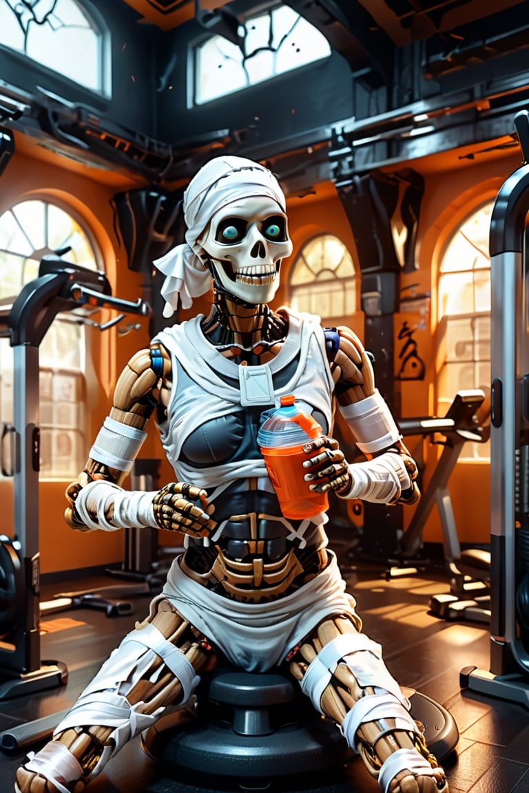 a detailed illustration of ((a mummy wrapped with white bandages)), drinking a bottle of water, ((in spooky fitness gym with running machines)), ((halloween image)), detailed background