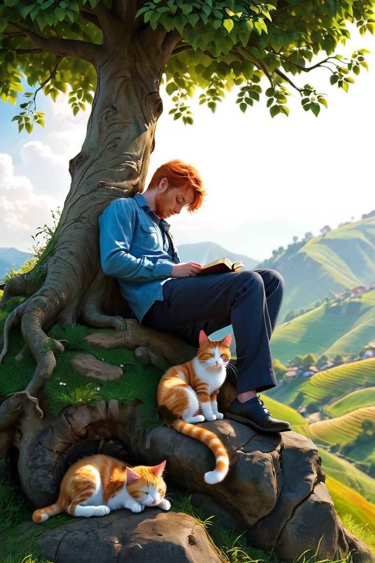 ((1 man is leaning against a big tree)) on a hill, sleeping, with a cute ginger cat, masterpiece, best quality, ultra-detailed, finely detailed, high resolution