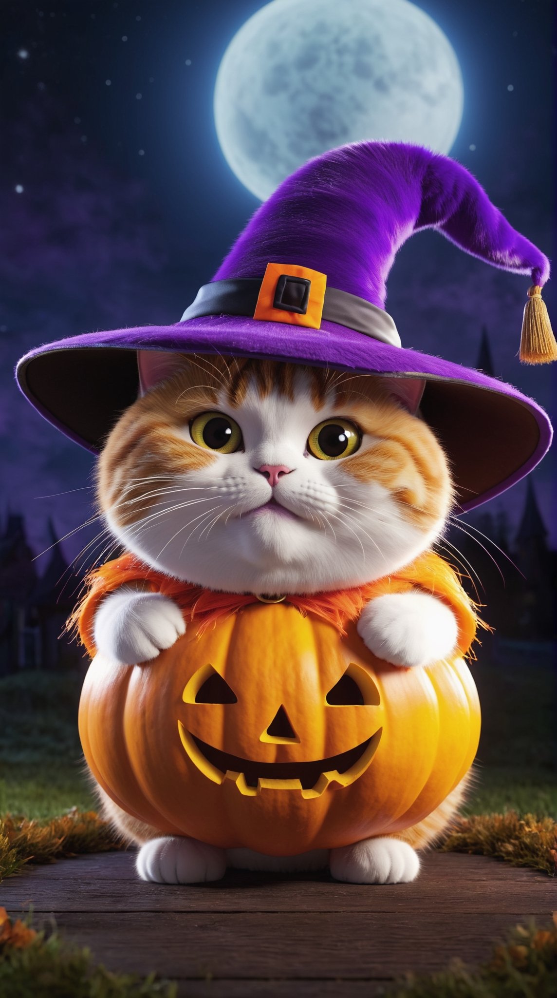 Could you please create a fantastic 3d-rendered illustration of a cute fat cat, wearing a halloween pumpkin costume, a witch purple hat, at night, detailed fur, 8k resolution, masterpiece, very realistic, detailed background, depth of field, 3d style