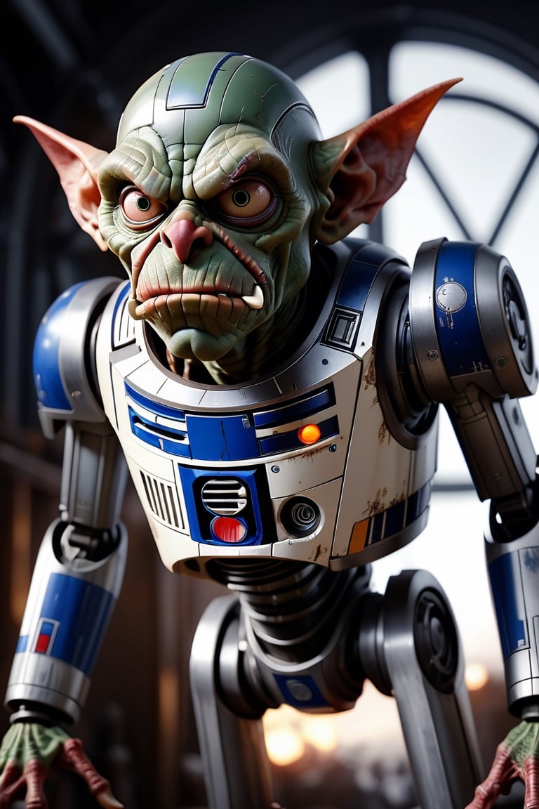 (masterpiece, best quality, photorealistic, ultra-detailed, finely detailed, high resolution, 8K wallpaper, sharp-focus), Generate a detailed photorealistic illustration, ((evil Goblin is inside R2-D2 from Star Wars)), on some planet in outer space, full body