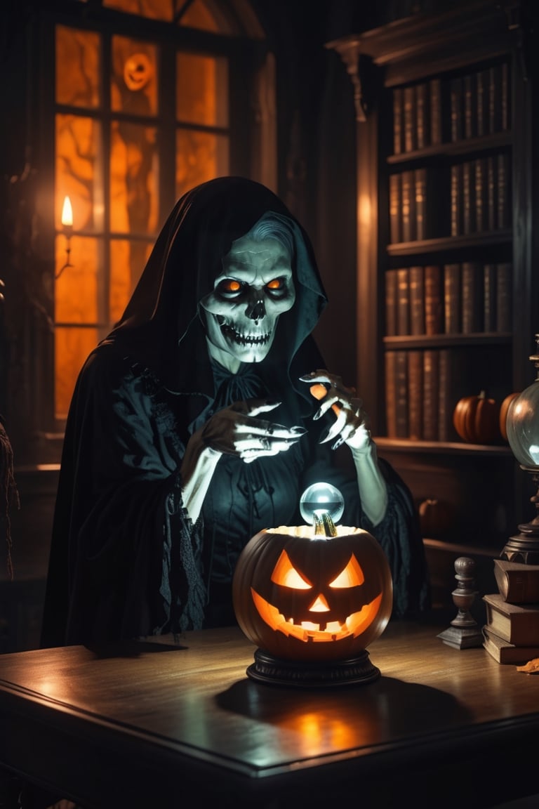 1 beautiful female ghoul is in the study room looking at the crystal ball which displays a pumpkin, halloween image, cinematic, dimly lit, at night, high definition, highly detailed, masterpiece