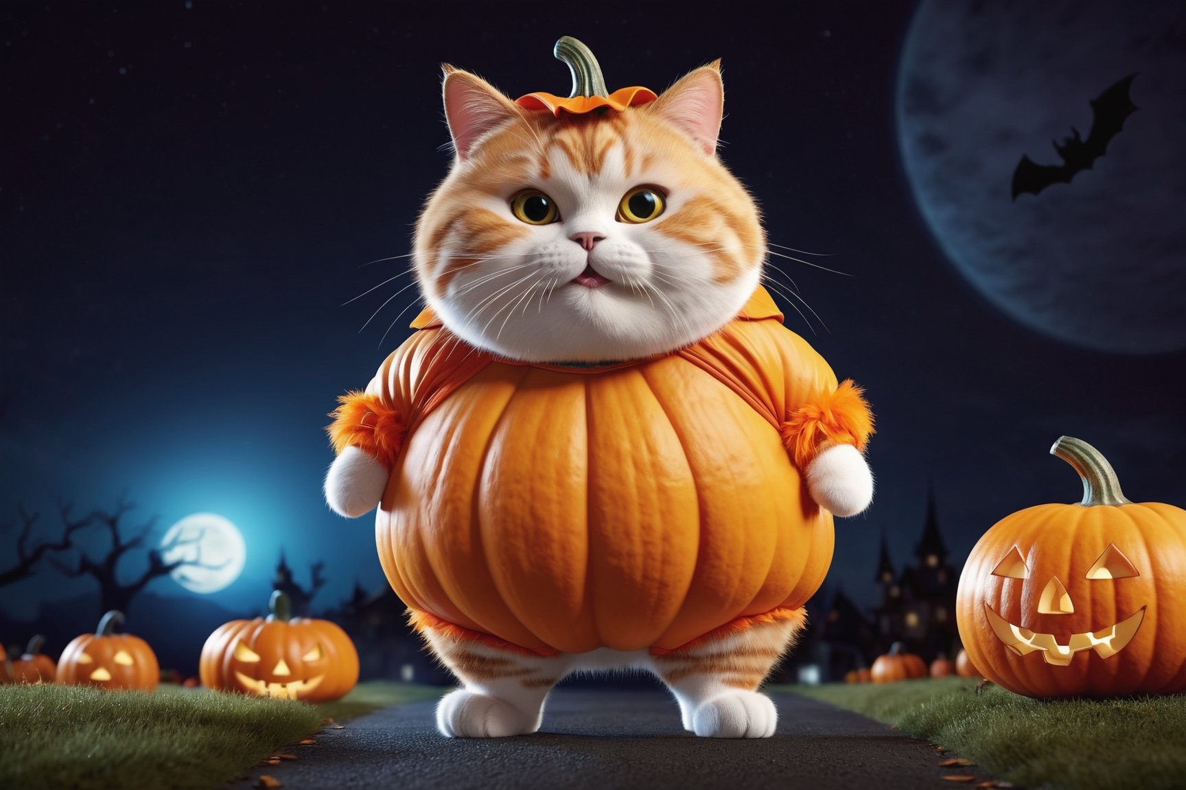 Could you please create a fantastic 3d-rendered illustration of a cute fat cat, wearing a halloween pumpkin costume, at night, detailed fur, 8k resolution, masterpiece, very realistic, detailed background, depth of field, 3d style