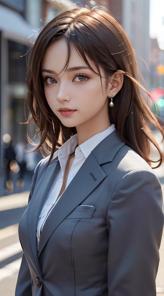 (masterpiece, best quality, photorealistic, ultra-detailed, finely detailed, high resolution, 8K wallpaper, sharp-focus), Generate ((a upper-body portrait)) of ((1 beautiful girl)), 25yo, ((wearing a business suit)), ((in the city in autumn)), natural sunlight, beautiful detailed eyes, realistic detailed skin, light-brown short messy hair, detailed hair, earrings, 