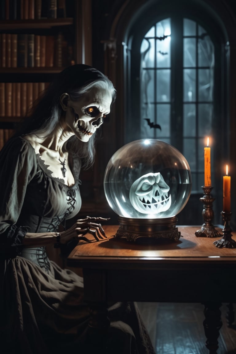 1 beautiful female ghoul is in the study room looking at ((a crystal ball)), halloween pumpkin, cinematic, dimly lit, at night, high definition, highly detailed, masterpiece