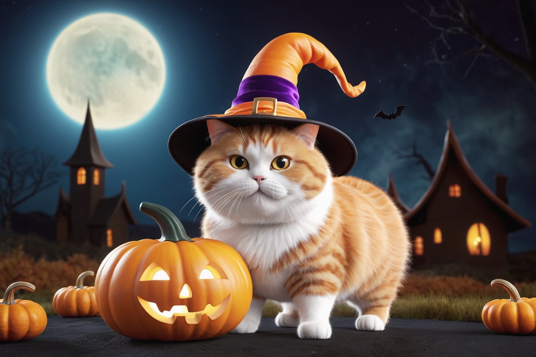 Could you please create a fantastic 3d-rendered illustration of a cute fat cat, wearing a halloween pumpkin costume, a witch hat, at night, detailed fur, 8k resolution, masterpiece, very realistic, detailed background, depth of field, 3d style