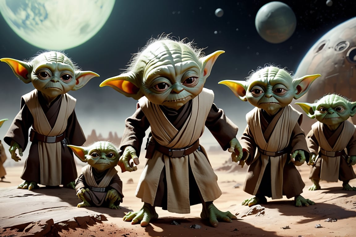 Yoda from Star Wars is among a group of goblins, on a planet in the outer space, lots of goblins, many goblins, 