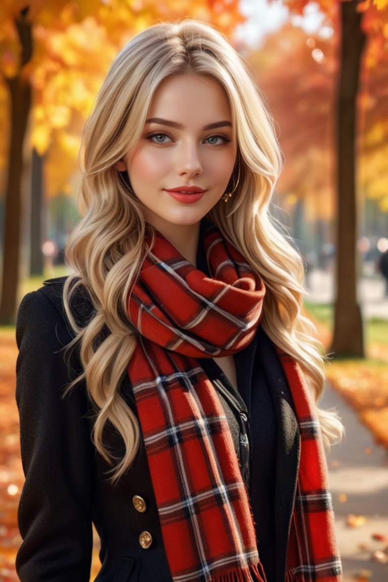 (masterpiece, best quality, photorealistic, ultra-detailed, finely detailed, ultra-high resolution), ((a beautiful full body portrait)), ((1 beautiful woman)), 20yo, wearring a fashionable black coat and a red plaid scarf, earring, necklace, walking in the park, windy, in autumn, smiling, detailed beautiful face, beautiful detailed eyes, sexy, realistic detailed skin texture, glosssy lips, soft sunshine, medium-length blonde straight long hair, side view, prompt by daffunda, photo r3al,aesthetic portrait,detailmaster2