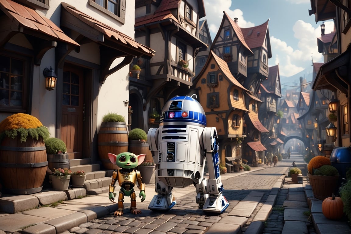 (masterpiece, best quality, photorealistic, ultra-detailed, finely detailed, high resolution, 8K wallpaper, sharp-focus), Generate a fantasy illustration of ((a Goblin town)), ((lots of cute goblins)), C3-PO and R2-D2 from Star Wars are walking in the street, on some planet in the space, long shot