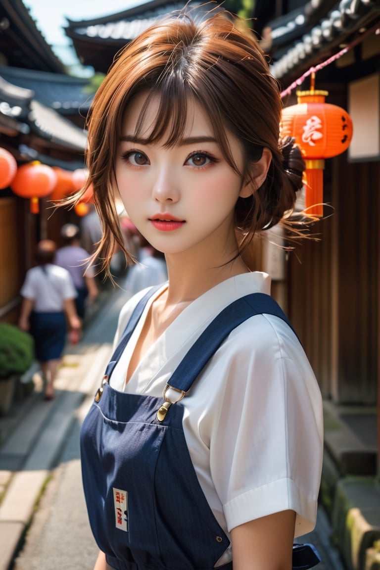 (masterpiece, best quality, photorealistic, ultra-detailed, finely detailed, high resolution, 8K wallpaper, sharp-focus), I would greatly appreciate it if you could create ((a close-up portrait))  of ((1 beautiful girl)), wearing an overall, standing on a street in Kyoto, in summer, perfect dynamic composition, detailed eyes, photo r3al,detailmaster2,aesthetic portrait,