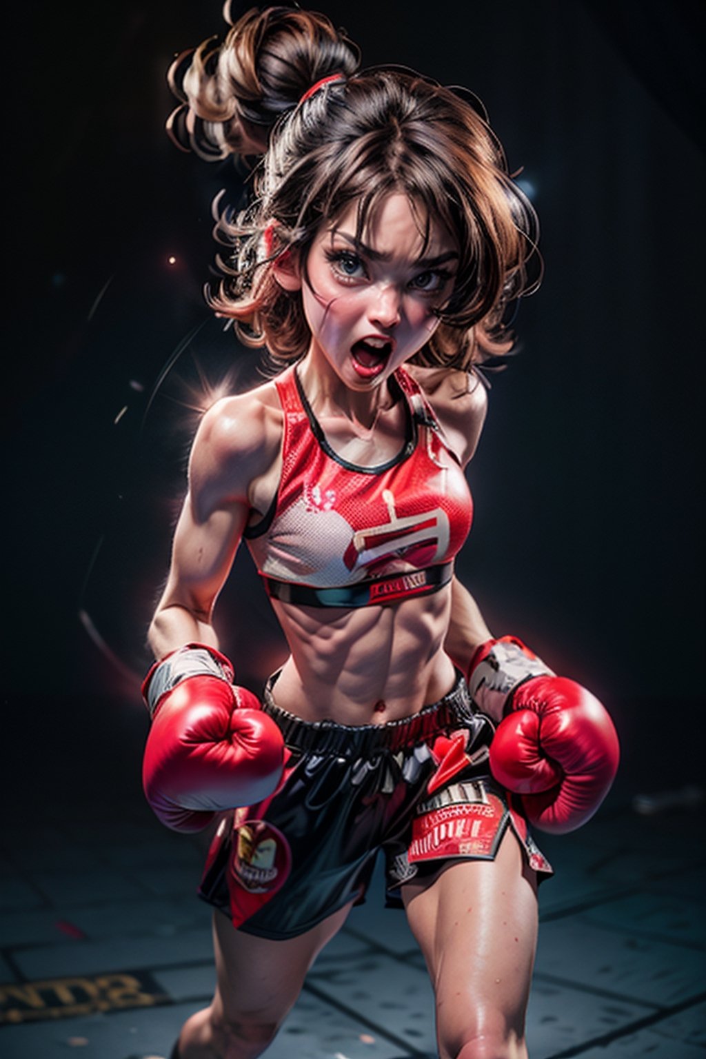 , Boxing, boxing gloves, boxing girl, fighting stance, sweat, shouting, angry, navel, POV, (speed lines:1.4),, (kawaii background:1.3),(extremely detailed fine touch:1.3),(hard light, studio light, light rays, dappled light, reflection, shadows, ray tracing:1),