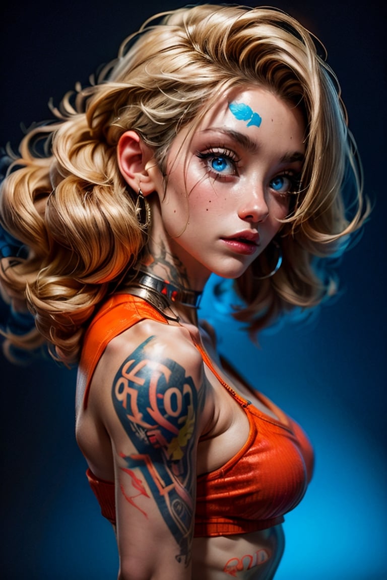beautiful pale cyberpunk female with heavy black eyeliner, blonde, blue eyes, shaved side haircut, whole body, tatoo on left shoulder, hyper detail, cinematic lighting, magic neon, dark red city 