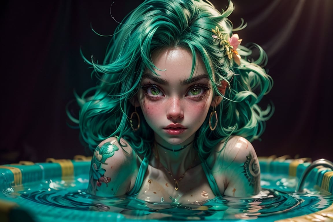 tattoo girl in the pool,green hair , in the style of high dynamic range, kawaii art, light orange and light bronze, animated illustrations, daz3d, exotic realism, tattoo-inspired, vibrant manga, close-up intensity, japanese-inspired