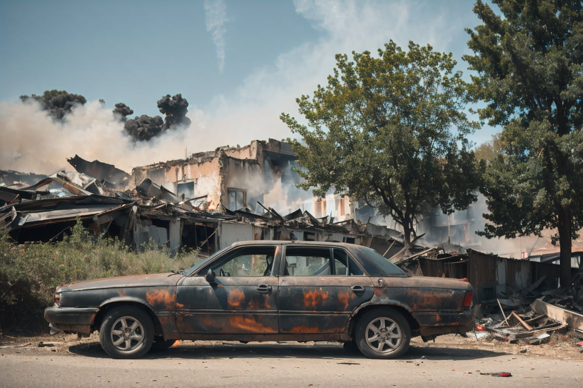 City, buildings, abandoned, loneliness, apocalypse, destruction, ruins, cars, fire, dark sky, smoke.