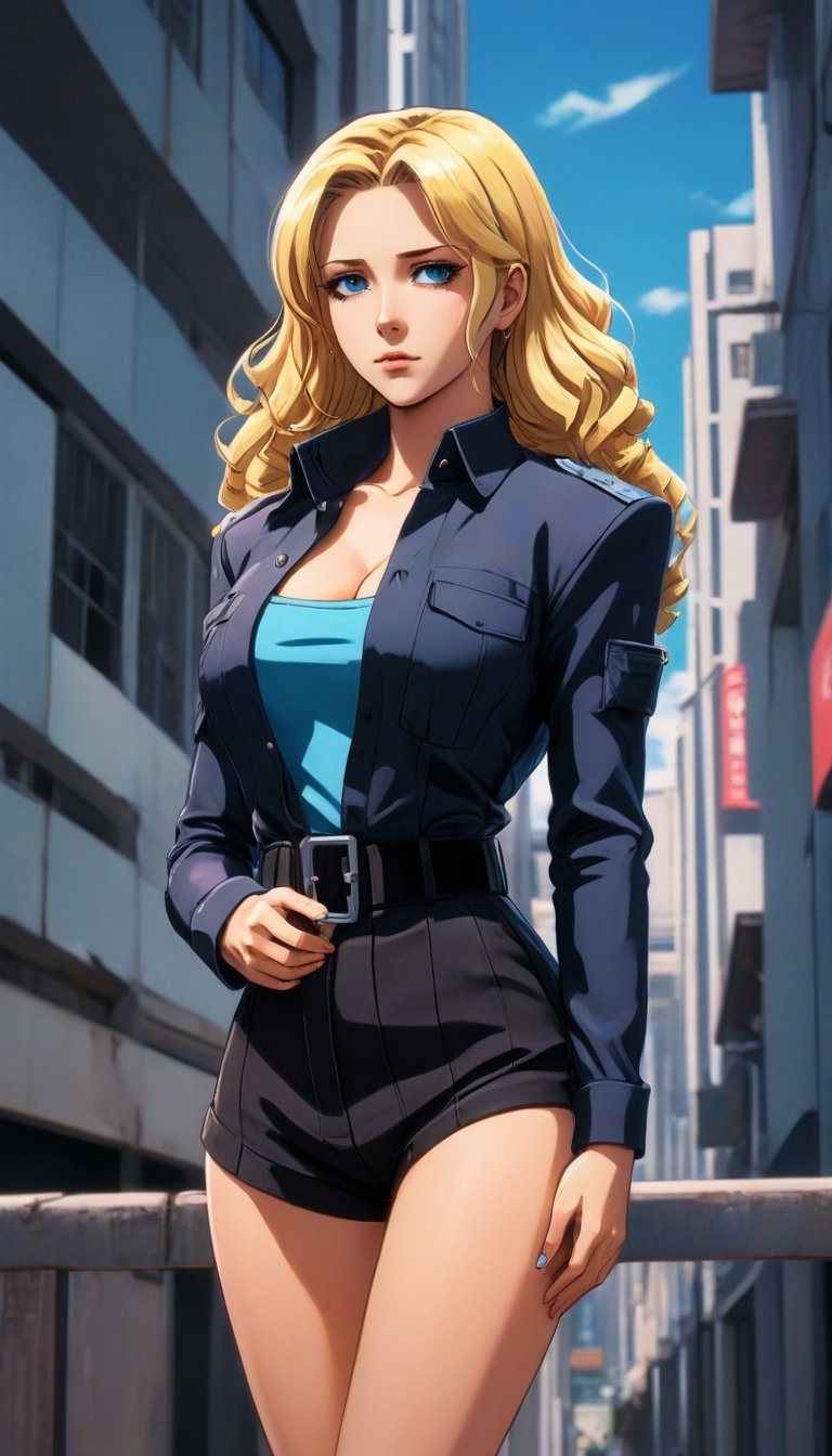 (Anime screencap:1.4), woman city vaporwave art, full body picture, large breasts, luxury, technology, palms, safe for work, best quality,solution epsilon \(overlord\), drill hair, blonde hair, blue eyes. 