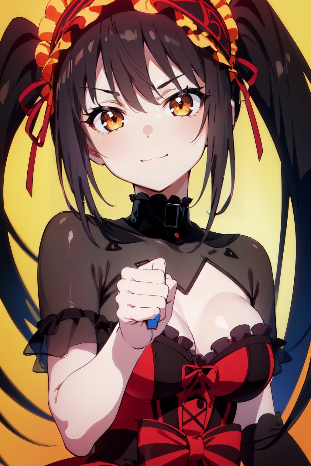 (((pixel-perfect, detail-perfect))), solo, 1girl,  , kurumi tokisaki, twintails,  headband, dress, gothic, looking at viewer, smug