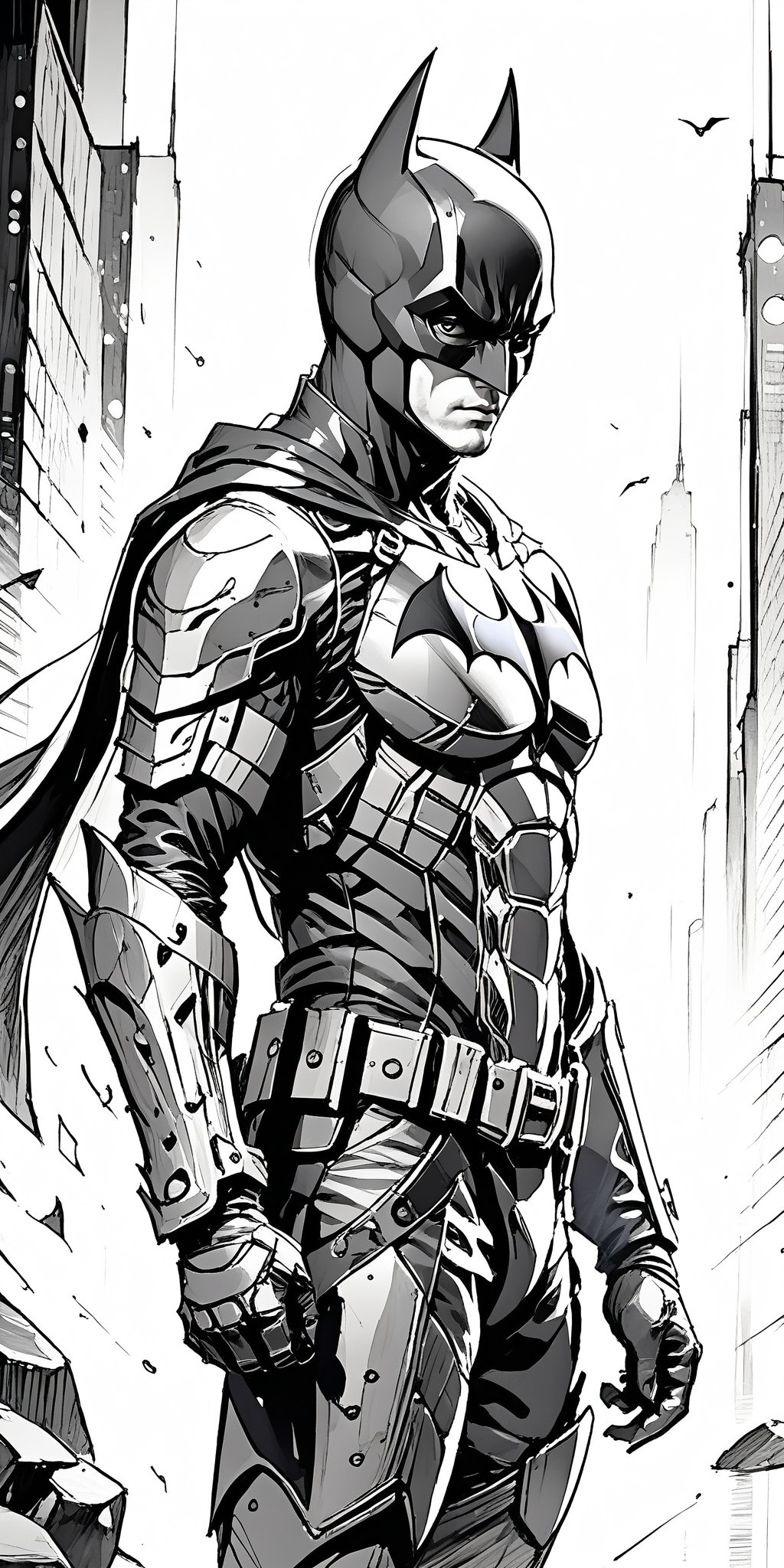 solo,  batman, badass, from side, looking at viewer,  weathered armor suit, Gotham City, ((monochrome)), gray scale, greyscale, ((Pencil sketch)), professional style, detailed image, ((masterpiece quality: 2)), attractive image. ,Details,Detailed Masterpiece,Reflections