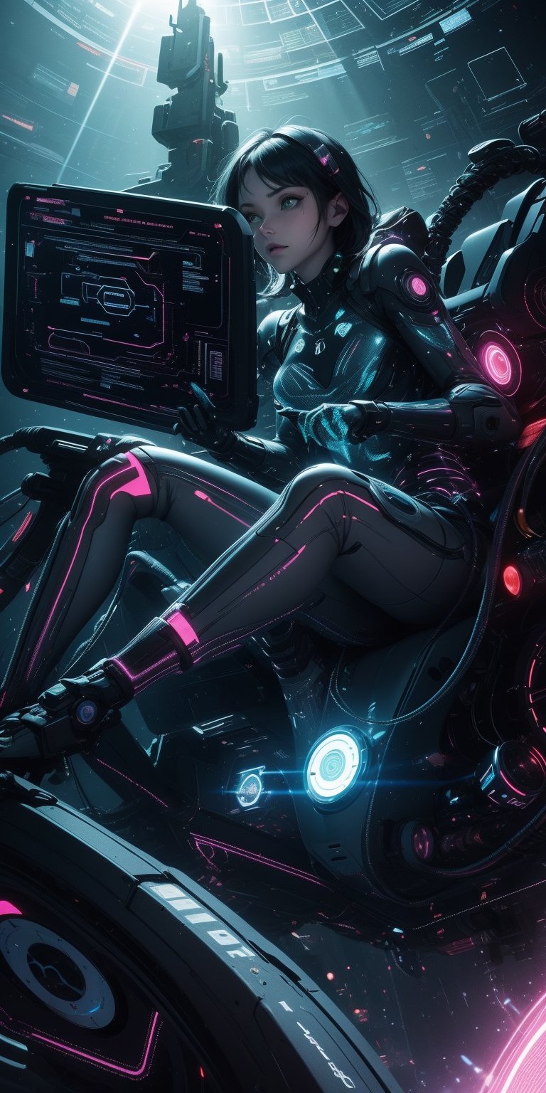 (masterpiece), 1girl, holographic interface, cyberpunk, hacker, medium black hair, green eyes, magic circle, hologram, terminal, holographic computer, cyber_vr, light particles, light rays, futuristic setting, Sitting on the edge of a building, 


Her expression a mix of defiance and exhilaration. ,HologramCzar,