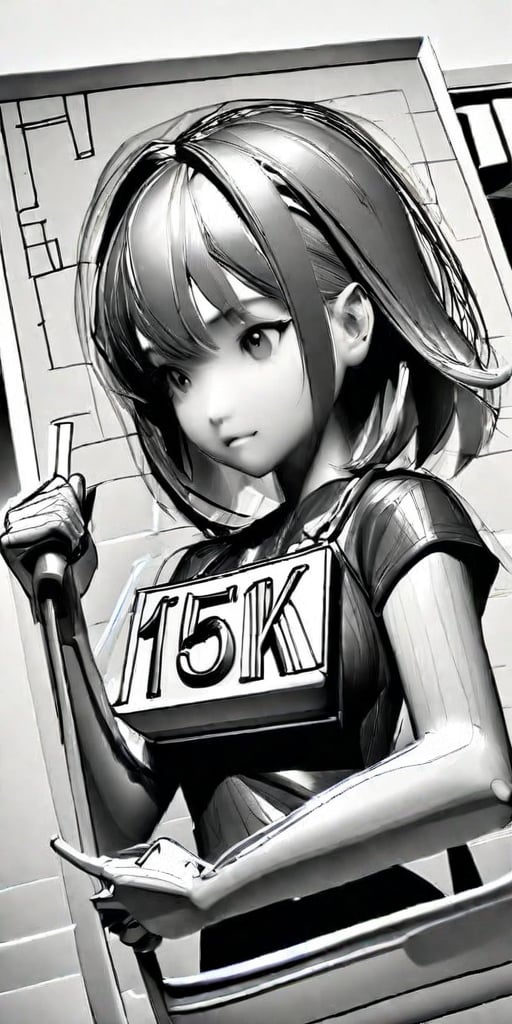A girl holding a 3D sign in that reads "15 K" text,Sketch,Gray scale