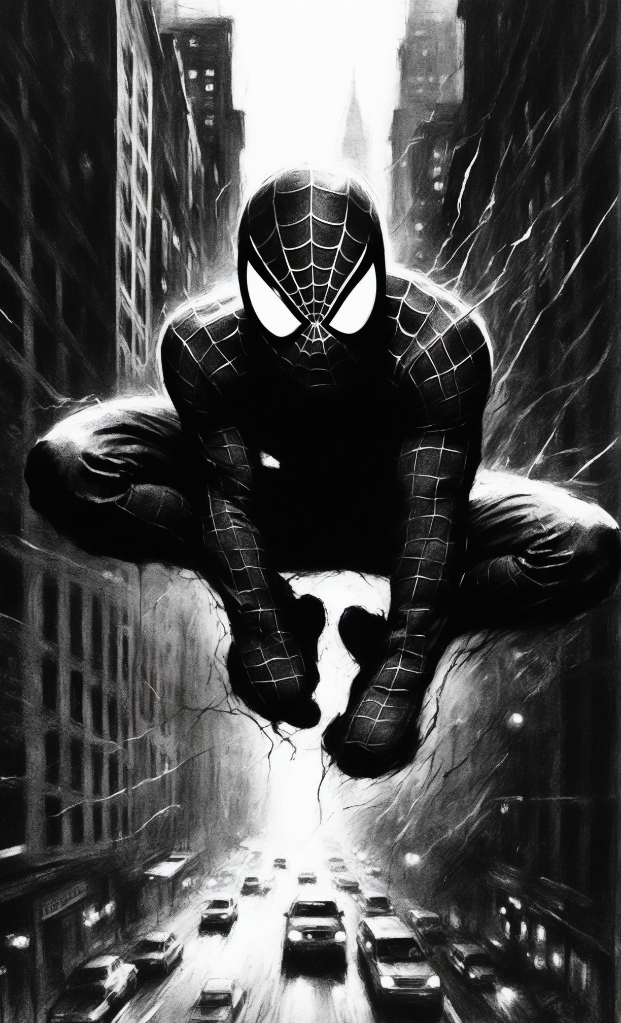score_9, score_8_up, score_7_up, score_6_up, CharcoalDarkStyle, New York City, facing fears, splashes of dark black to faint light grey, Tom McFarlane, Urban Comics, lost, solo, Spiderman swinging from the sky, with combat weathered suit,, source_anime, Poorly_lit, Dark, Shadows, sadness, confusion, depravade, crawling, begging the skies for help, dark, sketch, drawn with charcoal, monochrome, black and white, (Masterpiece:1.3) (best quality:1.2) (high quality:1.1) 