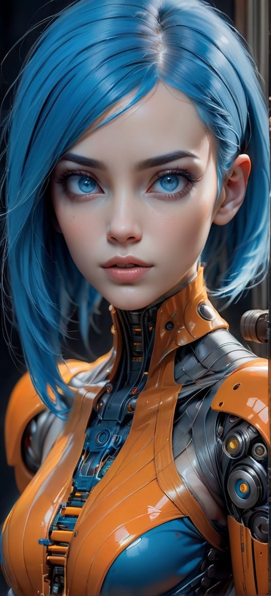 Please create a masterpiece, stunning beauty, perfect face, epic love, Slave to the machine, full-body, hyper-realistic oil painting, blue hair, orange vibrant colors, Body horror, wires, biopunk, cyborg by Peter Gric, Hans Ruedi Giger, Marco Mazzoni, dystopic, golden light, perfect composition, col