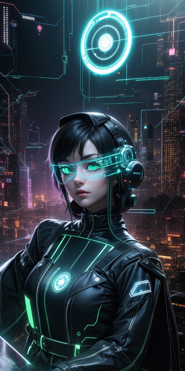 (masterpiece), 1girl, holographic interface, cyberpunk, hacker, medium black hair, green eyes, magic circle, hologram, terminal, holographic computer, cyber_vr, light particles, light rays, futuristic setting, Sitting on the edge of a building, 


Her expression a mix of defiance and exhilaration. ,HologramCzar,