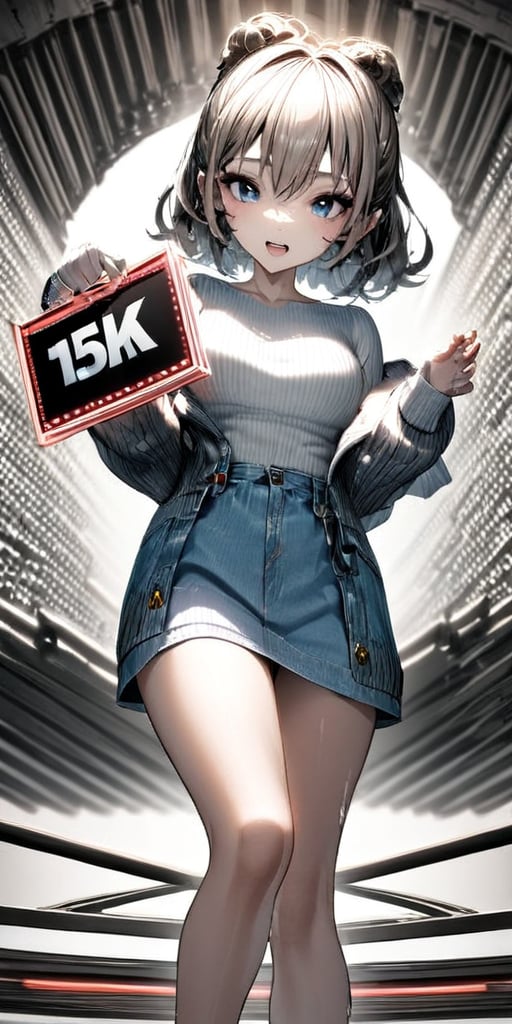 A girl holding a 3D sign in that reads "15 K" text