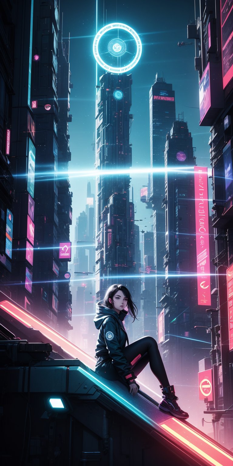 (masterpiece), 1girl, holographic interface, cyberpunk, hacker, medium black hair, green eyes, magic circle, terminal, holographic computer, light particles, light rays, futuristic setting, Sitting on the edge of a building, 


Her expression a mix of defiance and exhilaration. 