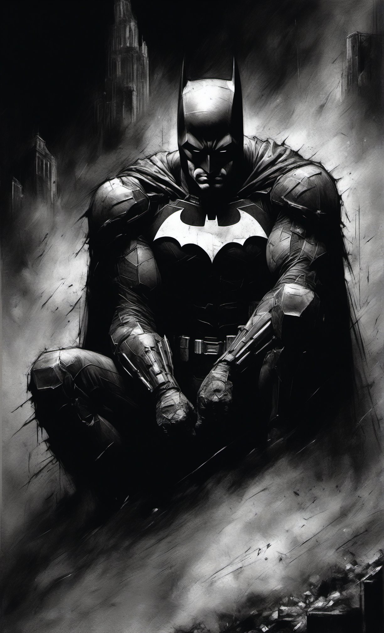 score_9, score_8_up, score_7_up, score_6_up, CharcoalDarkStyle, Batman with combat weathered armors suit,, source_anime, Gotham City, facing fears, splashes of dark black to faint light grey, Tim Sale, Urban Comics, lost, solo,  Poorly_lit, Dark, Shadows, sadness, confusion, depravade, crawling, begging the skies for help, dark, sketch, drawn with charcoal, monochrome, black and white, (Masterpiece:1.3) (best quality:1.2) (high quality:1.1) 