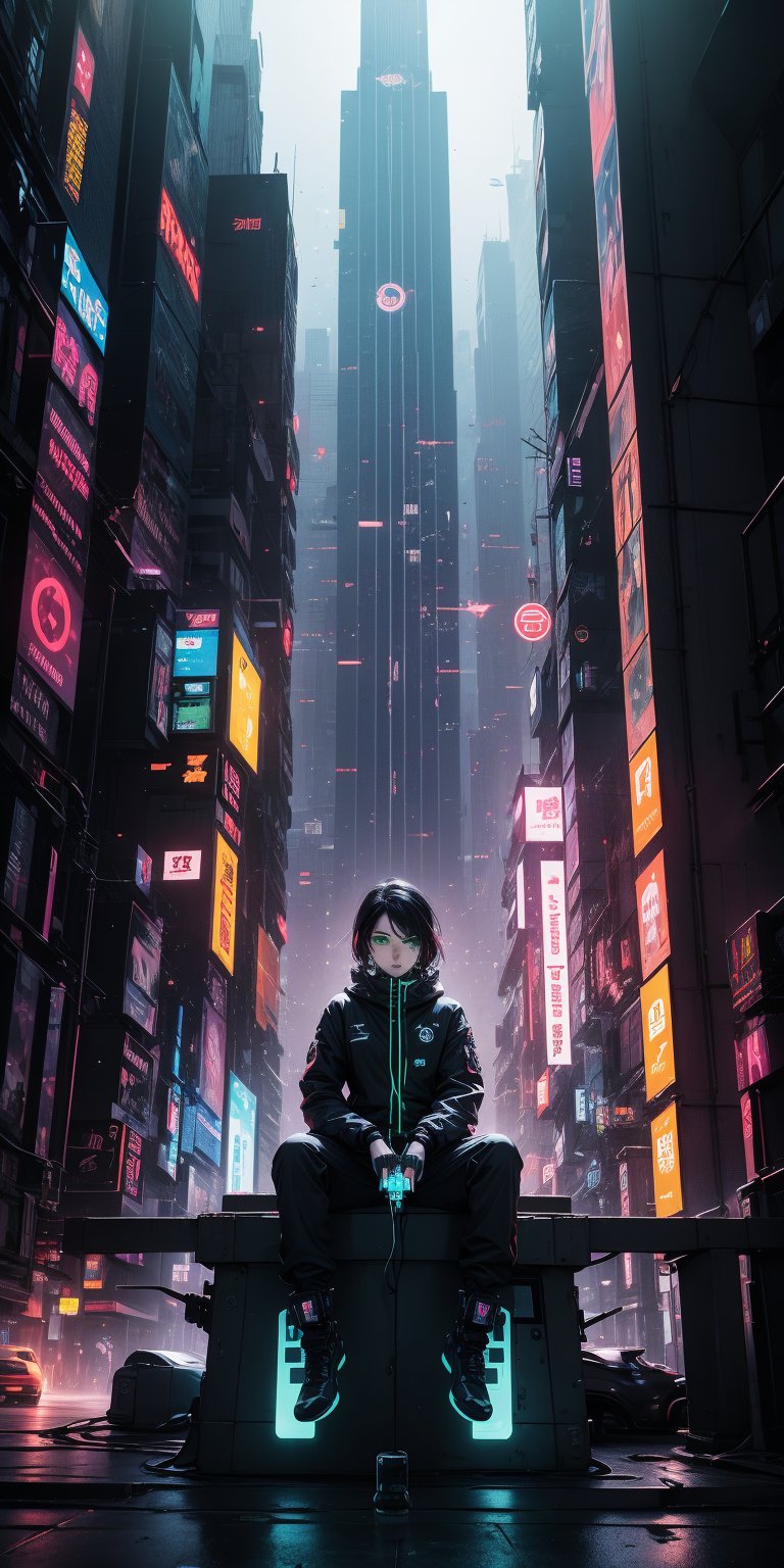 holographic interface, Depict a skilled cyberpunk hacker in a futuristic setting, medium black hair, green eyes. Sitting on the edge of a building,


Her expression a mix of defiance and exhilaration. 


,cyber_asia 