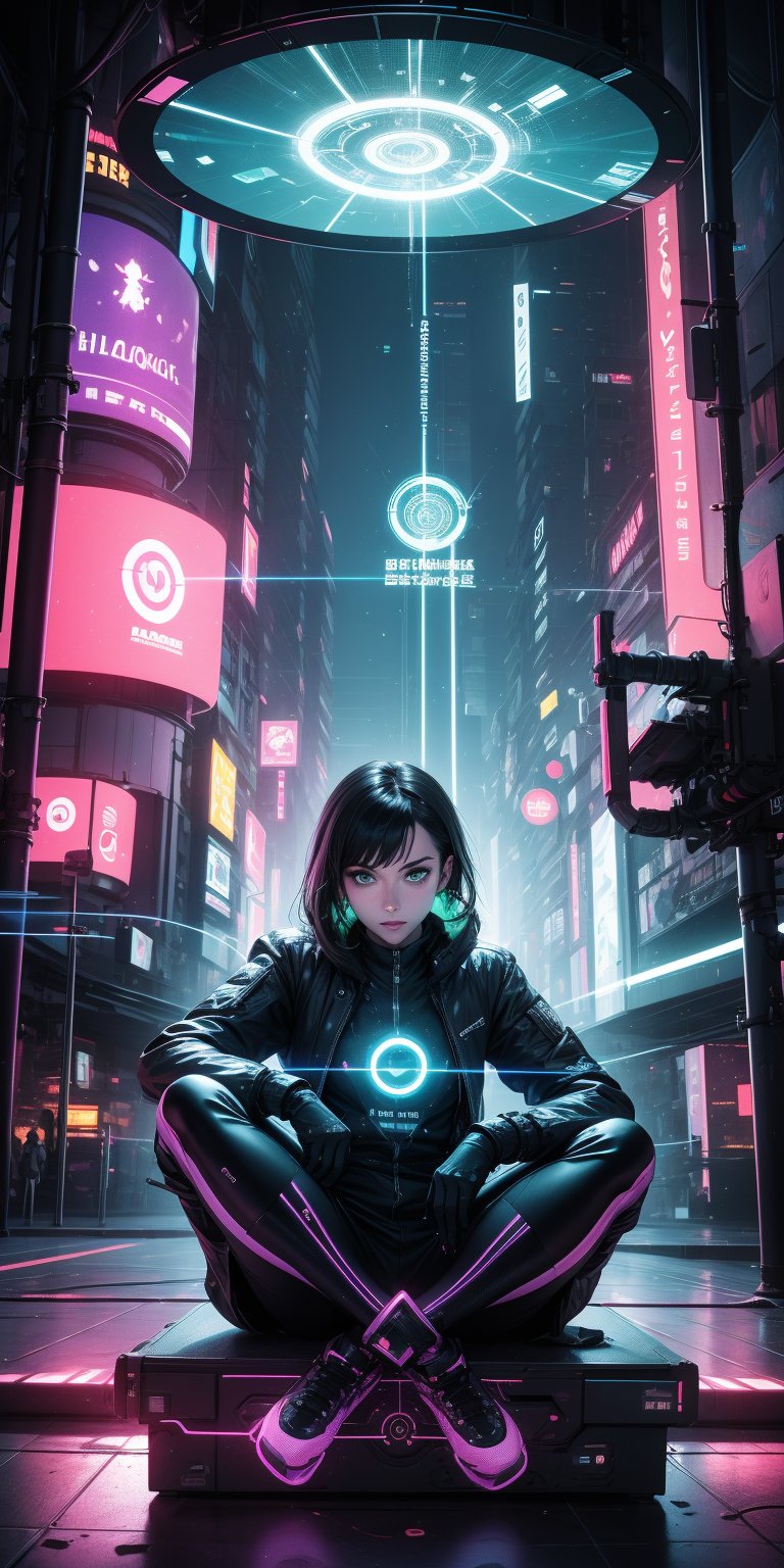 (masterpiece), 1girl, holographic interface, cyberpunk, hacker, medium black hair, green eyes, magic circle, hologram, terminal, holographic computer, light particles, light rays, futuristic setting, Sitting on the edge of a building, 


Her expression a mix of defiance and exhilaration. ,HologramCzar